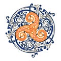 Ancient Irish symbol. Ethnic magic sign. Celtic knot pattern. Triple trickle Celtic spiral ornament. Old triskelion vintage. Print Royalty Free Stock Photo