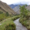 Ancient irrigation channels cross farmland in the Urubamba Valley. Cusco, Peru