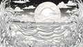 ancient island black and white, coloring book page, seascape