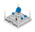 Ancient Isometric Temple With Tall Spires, Muslim Mosque Facade With Stone Walls, Dome And Crescent Symbol On Top. Religious