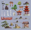 Ancient japan culture objects big set with pagoda, temple, ikebana, bonsai, trees, stone, garden, japanese lantern