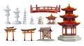 Ancient japan culture objects set with gate, pagoda, temple, garden, japanese lantern isolated vector illustration Royalty Free Stock Photo