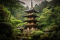 ancient japan pagoda surrounded by lush greenery, with waterfall in the background