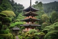 ancient japan pagoda surrounded by lush greenery, with waterfall in the background