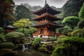 ancient japan pagoda surrounded by lush greenery, with waterfall in the background