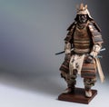 Ancient Japanese samurai with a sword in armor. White background, isolate. AI generated.