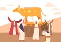 Ancient Jews Worshiping Golden Taurus. Women and Men Dancing around Figure of Animal. Cartoon Vector Illustration