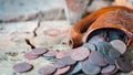 Ancient jug with coins Royalty Free Stock Photo