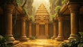 Ancient jungle temple interior with golden light and vines, game environment Royalty Free Stock Photo