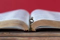 Ancient key in front of an open Holy Bible Book with golden pages on a wooden table, copy space Royalty Free Stock Photo