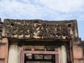 Ancient khmer art sand stone carving Phimai historical park. Royalty Free Stock Photo