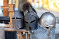 Ancient knight armor, helmets, with shallow depth of field