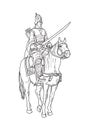 Ancient knight in armor on horseback.