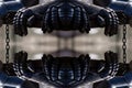 Ancient Knight Iron Armour Gloves, Mirrored Abstract Background. Royalty Free Stock Photo