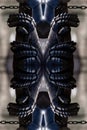 Ancient Knight Iron Armour Gloves, Mirrored Abstract Background.