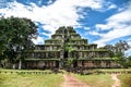 The Ancient Koh Ker Pyramid castle backdrop blue sky and white clouds in Temple at Siem reap, Cambodia Royalty Free Stock Photo