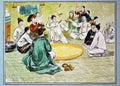 Ancient korean watercolor painting. Family playing dice