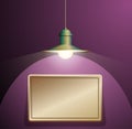Ancient lamp hanging. Big and empty bronze plate illuminated on the purple wall. Royalty Free Stock Photo
