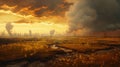 Ancient Landscape: A Dark Yellow And Light Amber Vray Tracing Image