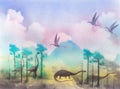 Ancient landscape with dinosaurs-Brontosaurus, titanosaurus, Diplodocus. Aerography. Illustration.