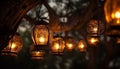 Ancient lanterns hanging in a row, glowing brightly generated by AI