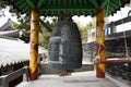 Ancient large iron metal bell in antique wooden pavilion for korean people and foreign travelers travel visit in Sanbangsa Temple