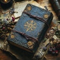 Ancient Leather-Bound Book with Compass Design on Rustic Table Royalty Free Stock Photo