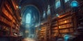 An ancient library filled with magical books, glowing orbs. Resplendent. Royalty Free Stock Photo