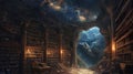 An ancient library filled with magical books, glowing orbs. Resplendent. Royalty Free Stock Photo