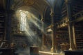 An ancient library filled with magical books, glowing orbs. Resplendent. Royalty Free Stock Photo