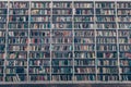 Ancient library interior design with massive wooden grey book sh