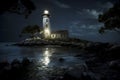 Ancient Lighthouse: A Guiding Beacon Amidst Rocky Night, Ai Generative