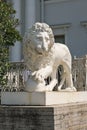 ancient lion sculpture made of stone. vertical shot of lion statue, travel in Europe, classic architecture and odl