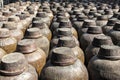 Ancient liquor barrels lined up in Zhujiajia