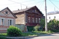 The ancient lordly inhabited wooden house on Karl Marx Street in the city of Syzran. Summer city landscape. Samara region. Royalty Free Stock Photo