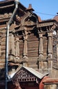 The ancient lordly inhabited wooden house on Karl Marx Street in the city of Syzran. Summer city landscape. Samara region. Royalty Free Stock Photo