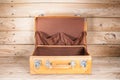 Ancient luggage on wood floor background is wood Royalty Free Stock Photo