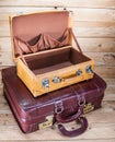 Ancient luggage on wood floor background is wood Royalty Free Stock Photo
