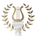 Ancient lyre with wreath on pillar 3d rendering