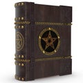 An ancient magic book in leather binding and with iron trim. The book of magic and Satan.