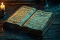 Ancient magic book with mysterious handwritten spells and rituals, illuminated by candlelight, creating a mystical atmosphere Royalty Free Stock Photo