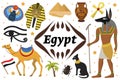 Ancient magic Egypt set icons objects. Collection design elements witch sorrow beetles, Pharaoh, pyramid, ankh, Anubis Royalty Free Stock Photo