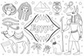 Ancient magic Egypt set objects objects. Coloring book page for kids. Collection design elements witch sorrow beetles