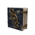 Ancient magic spell grimoire book with rusty metal decoration on a blue fabric cover. Isolated 3D rendering