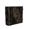 Ancient magic spell grimoire book with torn black leather cover and rusty metal decoration on the front. Isolated 3D illustration Royalty Free Stock Photo