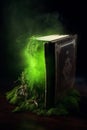 Ancient magical book with green smoke. Generative AI