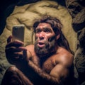 Ancient Man Takes a Selfie, Technology in Cavemen Hands, Wild Man with Smartphone, Generative AI Illustration