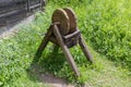 Ancient manual mechanical sharpener with two stone sharpening wheels