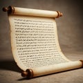 Ancient manuscript scroll with wooden handles, displaying text in a script resembling