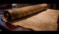 Ancient manuscript on wooden table reads Bible history generated by AI